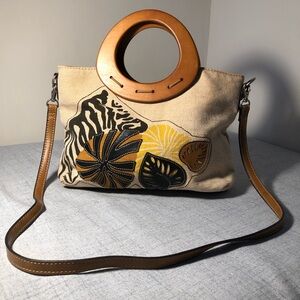 Vintage RELIC wood handle handbag to cross body canvas philodendron style bag